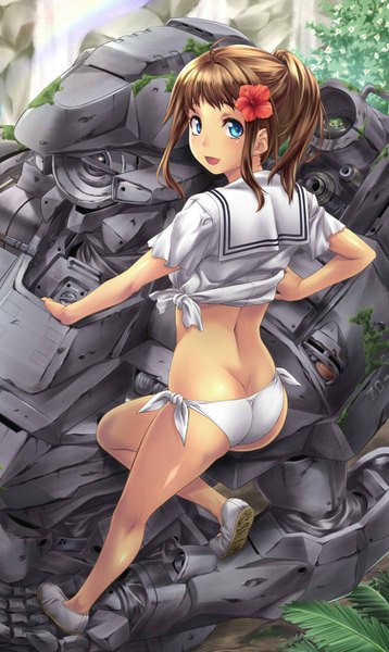 Anime picture 752x1260 with original nagayori single tall image looking at viewer open mouth blue eyes light erotic brown hair ponytail :d looking back nature waterfall girl uniform hair ornament underwear panties flower (flowers)