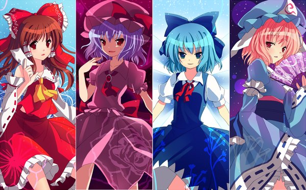 Anime picture 1000x622 with touhou hakurei reimu remilia scarlet saigyouji yuyuko cirno hitsukuya long hair blush short hair open mouth blue eyes smile red eyes brown hair wide image multiple girls blue hair pink hair purple hair multiview