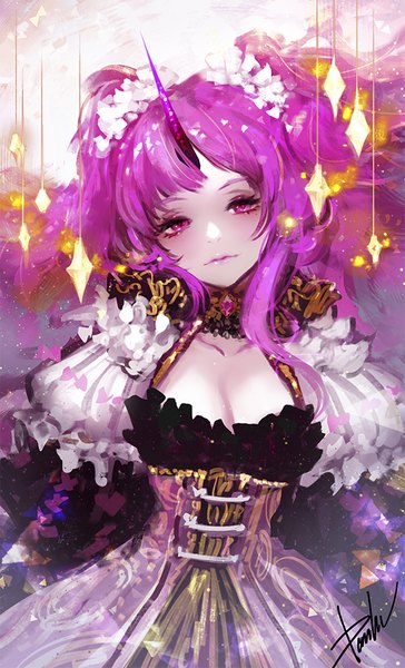 Anime picture 600x987 with original danhu single long hair tall image looking at viewer breasts purple eyes purple hair head tilt horn (horns) lips mole mole under eye lipstick eyeshadow makeup underbust girl corset