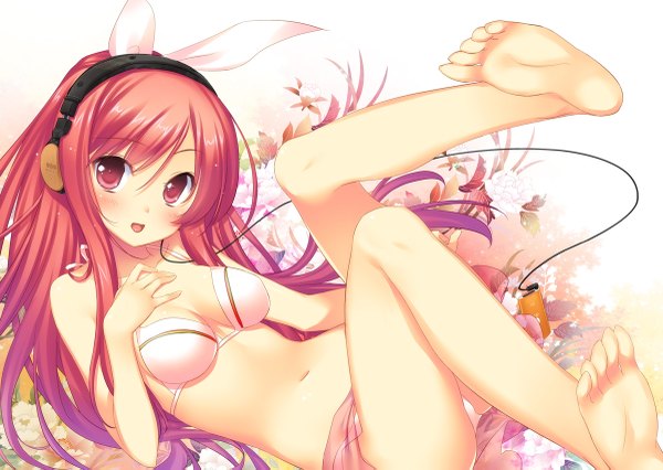 Anime picture 1200x853 with original 47agdragon single long hair looking at viewer blush open mouth light erotic simple background smile red eyes bare shoulders animal ears red hair barefoot bunny ears pantyshot underwear only girl navel