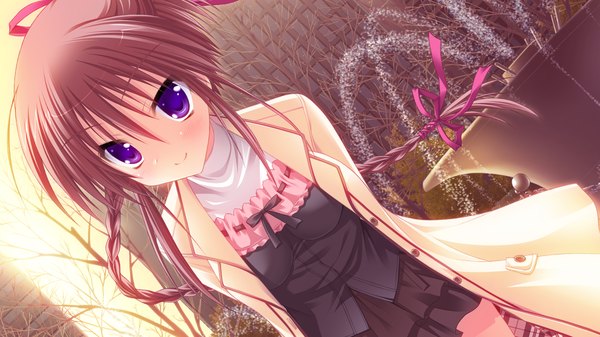 Anime picture 1280x720 with hatsuyuki sakura kozakai aya toranosuke long hair smile brown hair wide image purple eyes game cg braid (braids) open clothes open jacket girl dress ribbon (ribbons) hair ribbon