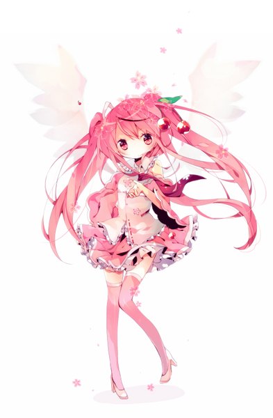 Anime picture 1050x1600 with vocaloid hatsune miku sakura miku ana (rznuscrf) single long hair tall image looking at viewer white background twintails pink hair pink eyes girl thighhighs dress flower (flowers) wings necktie food berry (berries)
