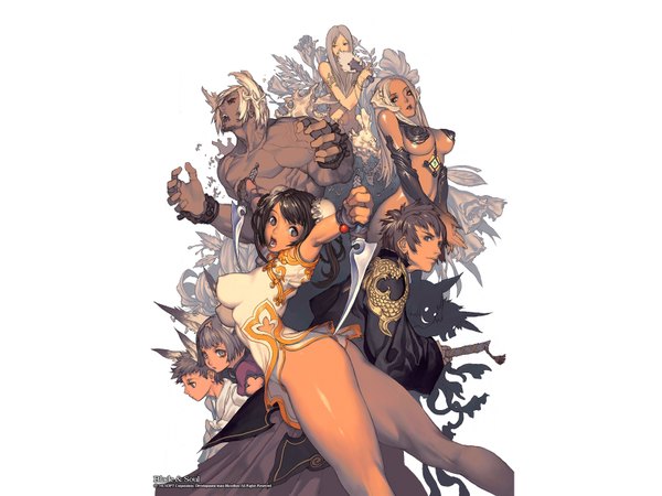 Anime picture 1600x1200 with blade & soul lyn (blade & soul) kun (blade & soul) gon (blade & soul) jin (blade & soul) kim hyung tae highres breasts light erotic black hair animal ears hair bun (hair buns) wallpaper dark skin dress gloves flower (flowers) sword knife