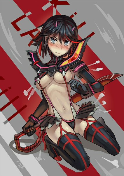 Anime picture 620x876 with kill la kill studio trigger matoi ryuuko walzrj single tall image looking at viewer blush short hair breasts blue eyes light erotic black hair red hair multicolored hair two-tone hair embarrassed streaked hair kneeling underboob