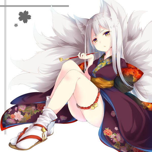 Anime picture 3924x3924 with original amane tari single long hair looking at viewer blush fringe highres open mouth light erotic simple background white background sitting holding animal ears yellow eyes payot absurdres bent knee (knees) ass