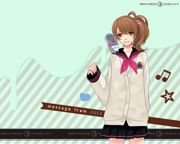 Anime picture 1280x1024 with brothers conflict idea factory ema (brothers conflict) juli (brothers conflict) single long hair looking at viewer smile brown hair brown eyes light smile side ponytail striped striped background girl uniform hair ornament animal serafuku heart