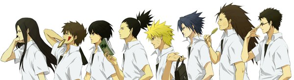 Anime picture 2000x544 with naruto studio pierrot naruto (series) uzumaki naruto uchiha sasuke nara shikamaru hyuuga neji rock lee inuzuka kiba aburame shino akimichi chouji rereren long hair short hair blue eyes black hair blonde hair simple background brown hair wide image