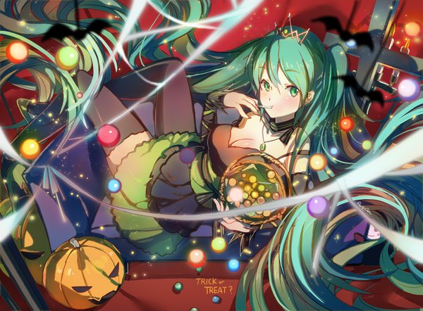 Anime picture 1637x1208 with vocaloid hatsune miku shadowsinking single blush twintails green eyes looking away cleavage very long hair green hair text halloween reclining question girl thighhighs ribbon (ribbons) black thighhighs detached sleeves