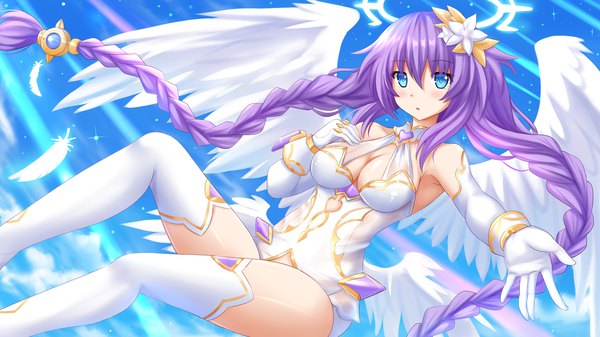 Anime picture 1920x1080 with choujigen game neptune purple heart kazenokaze single looking at viewer blush highres breasts blue eyes light erotic wide image purple hair braid (braids) very long hair girl thighhighs gloves hair ornament white thighhighs wings