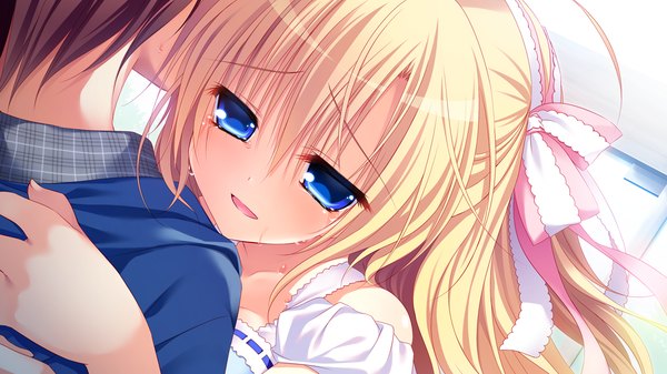 Anime picture 1280x720 with pure girl mekami suzu nanaka mai long hair blush blonde hair wide image game cg tears girl dress ribbon (ribbons) hair ribbon