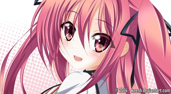 Anime picture 1600x885 with seirei tsukai no blade dance claire rouge keenh single long hair blush open mouth smile wide image pink hair pink eyes looking back close-up face polka dot polka dot background girl ribbon (ribbons) hair ribbon
