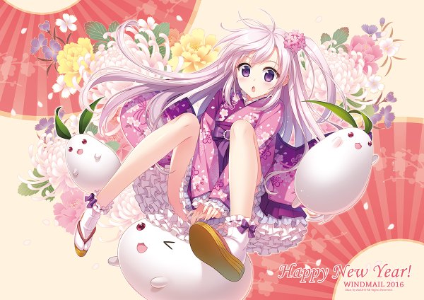 Anime picture 1200x848 with original an2a single long hair blush open mouth purple eyes white hair traditional clothes japanese clothes inscription new year happy new year girl flower (flowers) petals socks kimono white socks snow rabbit