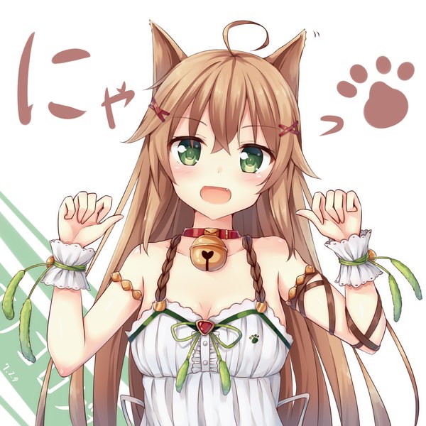Anime picture 2300x2300 with flower knight girl enokorogusa (flower knight girl) tsuchikure (3105mitoko) single long hair looking at viewer blush fringe highres open mouth brown hair bare shoulders animal ears ahoge tail animal tail arm up cat ears teeth cat girl