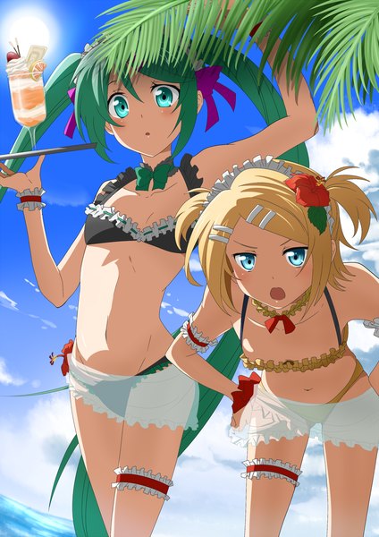 Anime picture 1500x2121 with vocaloid hatsune miku kagamine rin rumia (compacthuman) long hair tall image looking at viewer blush short hair open mouth light erotic blonde hair twintails multiple girls sky cloud (clouds) hair flower green hair leaning leaning forward