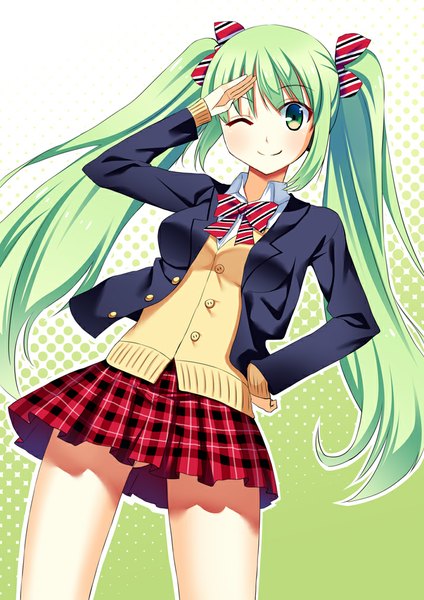 Anime picture 716x1012 with vocaloid hatsune miku hoshi ichi single long hair tall image looking at viewer blush smile twintails green eyes one eye closed green hair wink girl skirt uniform bow hair bow school uniform