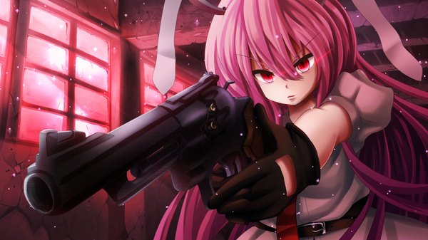 Anime picture 1920x1080 with touhou reisen udongein inaba t.m (aqua6233) single long hair looking at viewer highres red eyes wide image animal ears pink hair bunny ears bunny girl girl gloves weapon window gun pistol