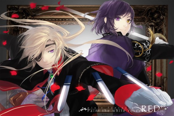 Anime picture 1200x800 with original pixiv fantasia pixiv fantasia v robinexile long hair blonde hair smile purple eyes purple hair heterochromia boy gloves weapon petals sword cloak eyepatch