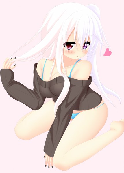 Anime picture 1072x1500 with original yoye (pastel white) single long hair tall image blush light erotic white hair heterochromia girl underwear panties sweater
