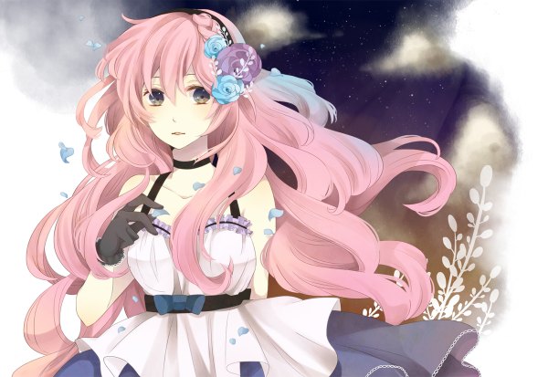 Anime picture 1200x826 with vocaloid megurine luka ichinose (sorario) long hair pink hair hair flower black eyes girl dress gloves hair ornament