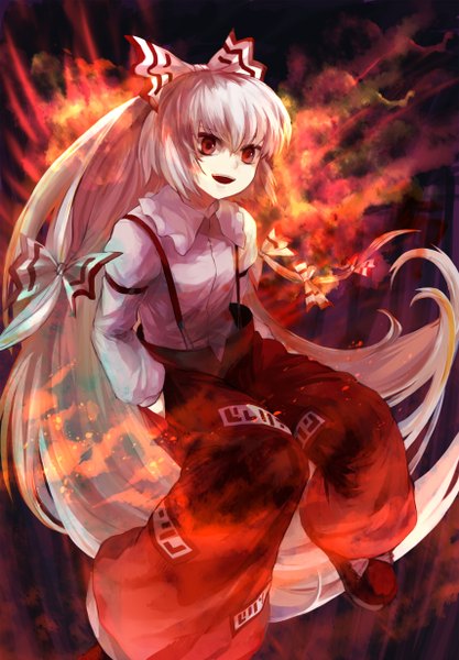 Anime picture 856x1232 with touhou fujiwara no mokou oburaato single tall image fringe red eyes looking away white hair very long hair flying hands in pockets girl bow hair bow suspenders flame