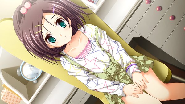 Anime picture 1280x720 with ren'ai kateikyoushi rurumi coordinate! (game) kurokawa shizuku suzui narumi short hair black hair wide image green eyes game cg girl