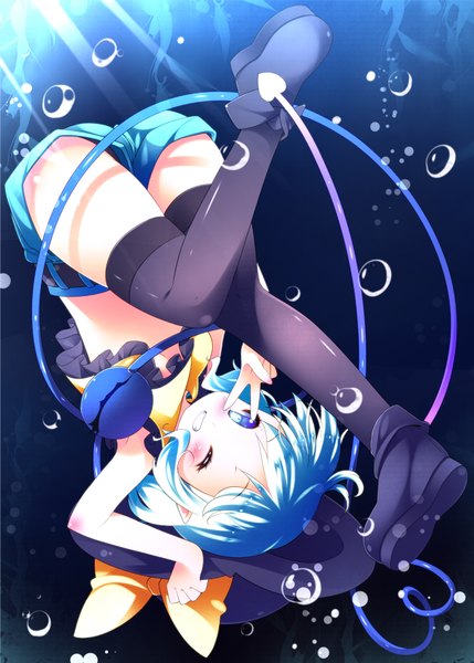 Anime picture 1300x1818 with touhou komeiji koishi zefa (neoaltemice) single tall image blush short hair blue eyes white hair one eye closed wink legs girl thighhighs bow black thighhighs hat shorts bubble (bubbles) eyeball