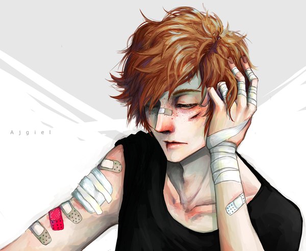 Anime picture 2203x1810 with original ajgiel single highres short hair simple background brown hair signed eyes closed hand on head freckles injury bandaid on nose cuts boy blood bandage (bandages) bandaid