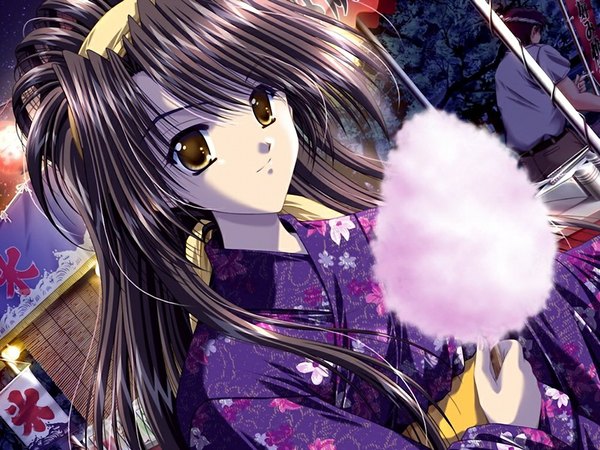 Anime picture 1024x768 with sky (game) irie ran akira (usausa) single long hair black hair yellow eyes game cg traditional clothes japanese clothes girl hairband yukata cotton candy