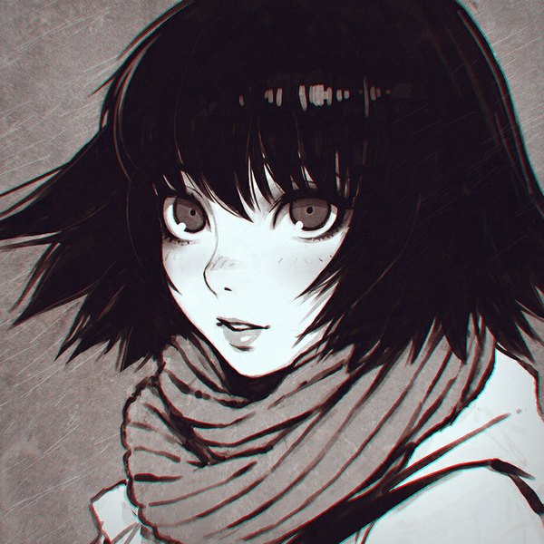 Anime picture 900x900 with original ilya kuvshinov single looking at viewer fringe short hair simple background parted lips lips monochrome portrait spiked hair girl scarf