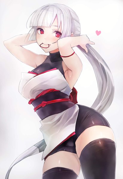 Anime picture 2338x3400 with original tsuru-chan taishi (picchiridou) single long hair tall image blush fringe highres light erotic simple background red eyes white background holding looking away silver hair ponytail blunt bangs armpit (armpits) mouth hold