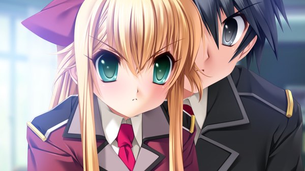 Anime picture 1280x720 with itoshii kanojo no mamorikata (game) charlotte tiger senomoto hisashi long hair short hair black hair blonde hair wide image green eyes game cg black eyes girl boy serafuku