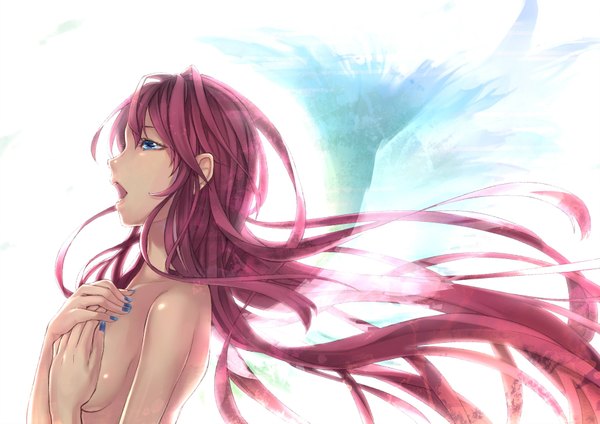Anime picture 1770x1253 with vocaloid megurine luka single long hair fringe highres breasts open mouth light erotic pink hair nail polish profile aqua eyes fingernails nude singing girl wings