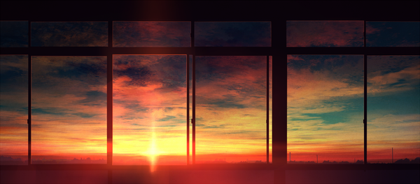 Anime picture 1590x700 with original mks wide image sky cloud (clouds) indoors sunlight evening sunset horizon no people landscape sunbeam scenic