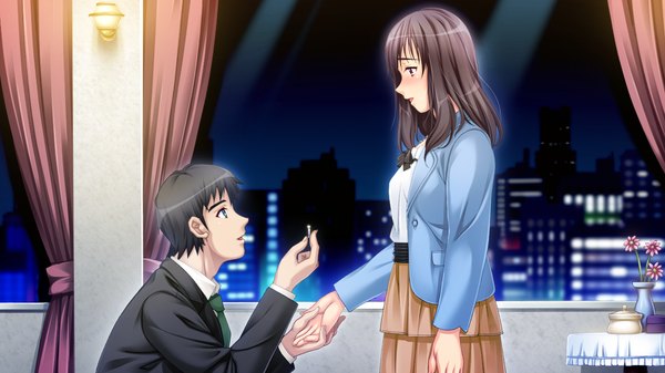 Anime picture 1280x720 with marriage blue skyhouse long hair blush short hair open mouth black hair wide image purple eyes game cg girl boy jacket ring
