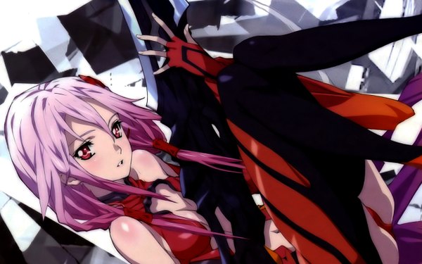 Anime picture 2560x1600 with guilty crown production i.g yuzuriha inori single long hair blush highres red eyes wide image pink hair girl