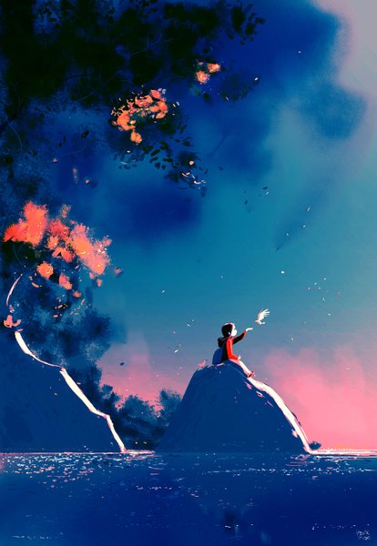Anime picture 978x1417 with original pascal campion long hair tall image brown hair sitting profile wind night night sky outstretched arm girl animal water bird (birds) child (children) backpack stone (stones)