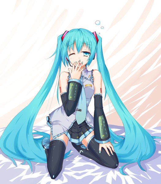Anime picture 1400x1600 with vocaloid hatsune miku solzack single tall image twintails very long hair one eye closed aqua eyes wink aqua hair girl skirt detached sleeves miniskirt necktie headphones thigh boots