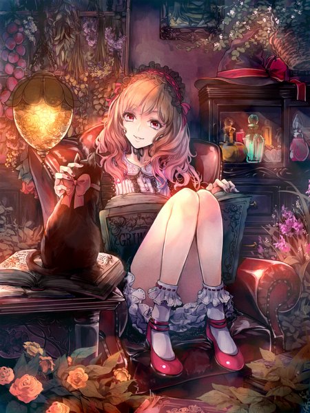 Anime picture 750x1000 with original hina (xoxo) single long hair tall image blonde hair sitting pink eyes light smile girl flower (flowers) bow plant (plants) animal headdress rose (roses) book (books) cat witch hat bottle