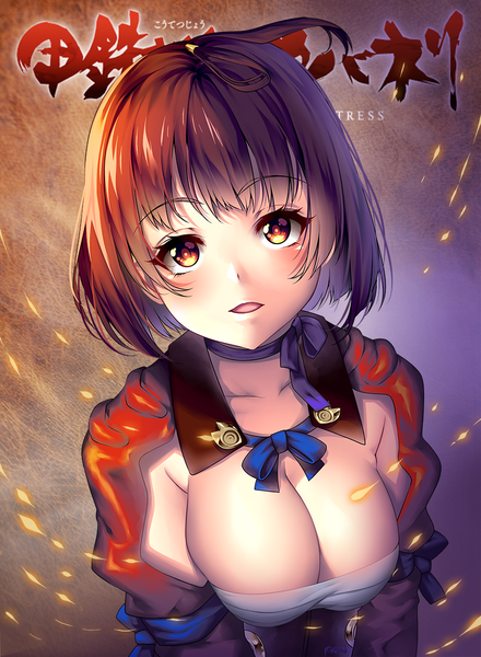 Anime picture 880x1200 with koutetsujou no kabaneri wit studio mumei (kabaneri) kashi kosugi single tall image looking at viewer blush short hair breasts open mouth light erotic brown hair brown eyes cleavage girl