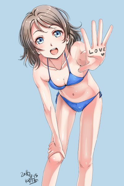 Anime picture 1600x2400 with love live! sunshine!! sunrise (studio) love live! watanabe you kntrs (knyrs) single tall image looking at viewer blush fringe short hair breasts open mouth blue eyes light erotic simple background smile brown hair standing signed