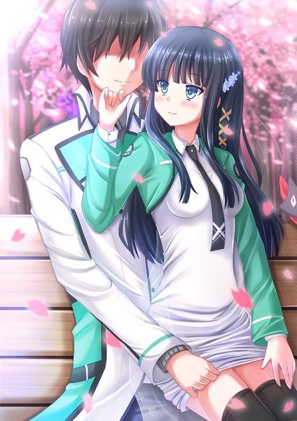 Anime picture 1200x1697 with mahouka koukou no rettousei shiba miyuki shiba tatsuya kazenokaze long hair tall image blush short hair blue eyes black hair smile couple cherry blossoms girl thighhighs boy uniform black thighhighs plant (plants) school uniform