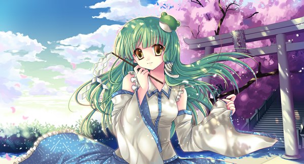 Anime picture 1000x541 with touhou kochiya sanae sousouman single long hair wide image yellow eyes cloud (clouds) green hair cherry blossoms girl dress hair ornament detached sleeves petals hair tubes gohei
