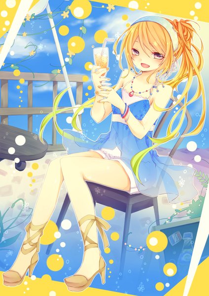 Anime picture 2480x3508 with original orangina kuroi (liar-player) long hair tall image looking at viewer highres open mouth blonde hair sitting bare shoulders brown eyes full body knees touching flag print france girl dress bracelet hairband