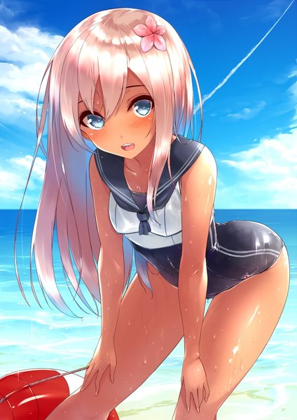 Anime picture 800x1131 with kantai collection ro-500 submarine agarwood single long hair tall image looking at viewer blush fringe breasts open mouth blue eyes light erotic blonde hair hair between eyes standing bare shoulders cloud (clouds) hair flower teeth