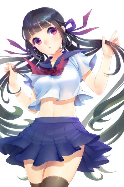 Anime picture 1090x1648 with original ingfox single long hair tall image looking at viewer black hair simple background white background purple eyes zettai ryouiki girl thighhighs skirt uniform ribbon (ribbons) black thighhighs hair ribbon serafuku