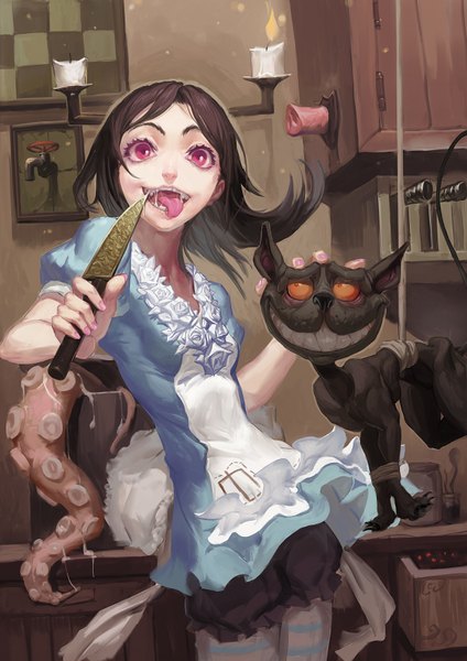 Anime picture 2480x3508 with american mcgee's alice (game) alice: madness returns alice (american mcgee's) cheshire cat pandegg single tall image highres breasts red eyes standing holding happy crazy smile crazy girl animal tongue cat knife