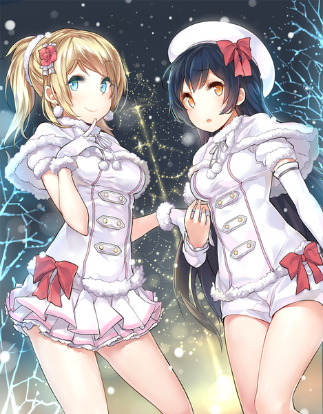 Anime picture 961x1228 with love live! school idol project sunrise (studio) love live! ayase eli sonoda umi yuran (cozyquilt) long hair tall image looking at viewer black hair blonde hair smile multiple girls ponytail aqua eyes from below orange eyes holding hands snowing winter