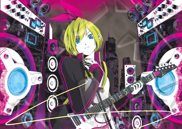 Anime picture 1680x1194 with vocaloid kagamine rin mujun (zipper) short hair blue eyes blonde hair girl bow hair bow jacket musical instrument guitar speakers