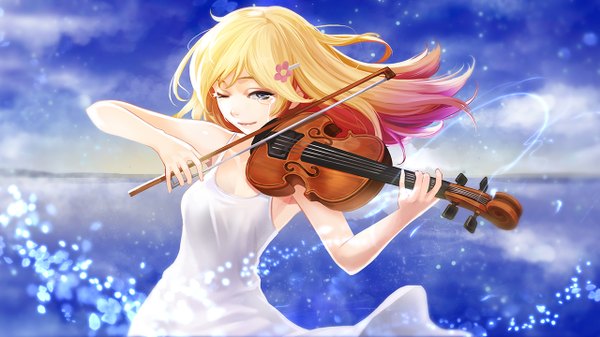 Anime picture 1280x720 with shigatsu wa kimi no uso a-1 pictures miyazono kaori goomrrat single long hair looking at viewer fringe blonde hair wide image one eye closed wink black eyes sleeveless tears playing instrument girl dress hair ornament white dress
