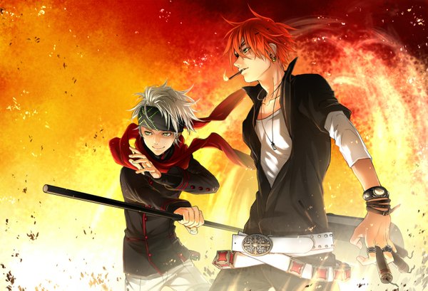 Anime picture 1480x1009 with katekyou hitman reborn d.gray-man gokudera hayato lavi itigojam short hair smile green eyes looking away red hair profile grey hair open clothes grey eyes open shirt cosplay smoking crossover smirk costume switch